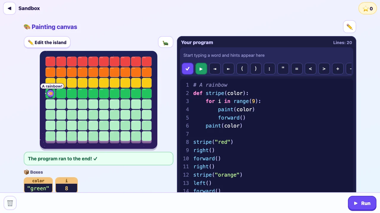 Code with Beep: the Sandbox, where a typed program paints a rainbow on the child's own island