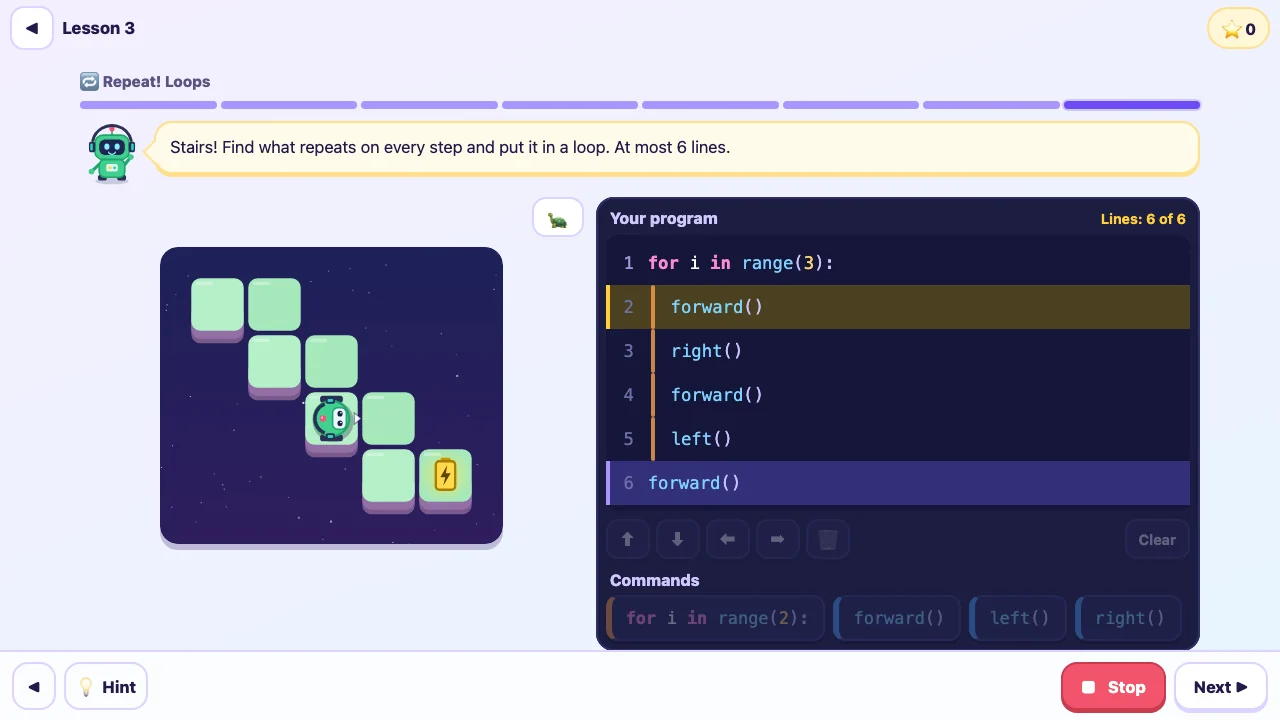 Code with Beep: a loop walks Beep down the stairs, the running line lit
