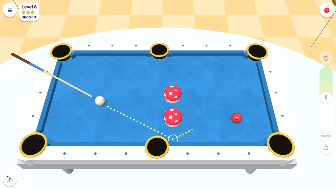 Critter Billiards: an Adventure table in the Blue Sea, with mushrooms in the way and the aiming line