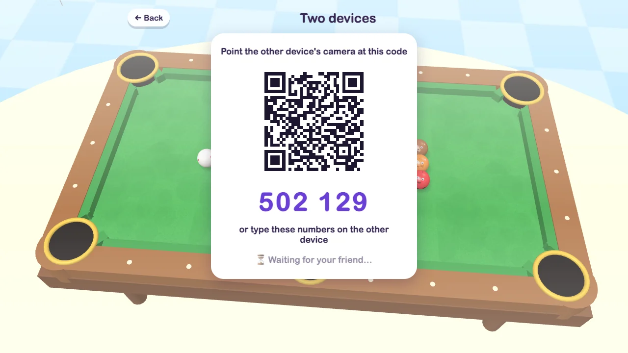 Critter Billiards: the QR code and six digits that let a second device join