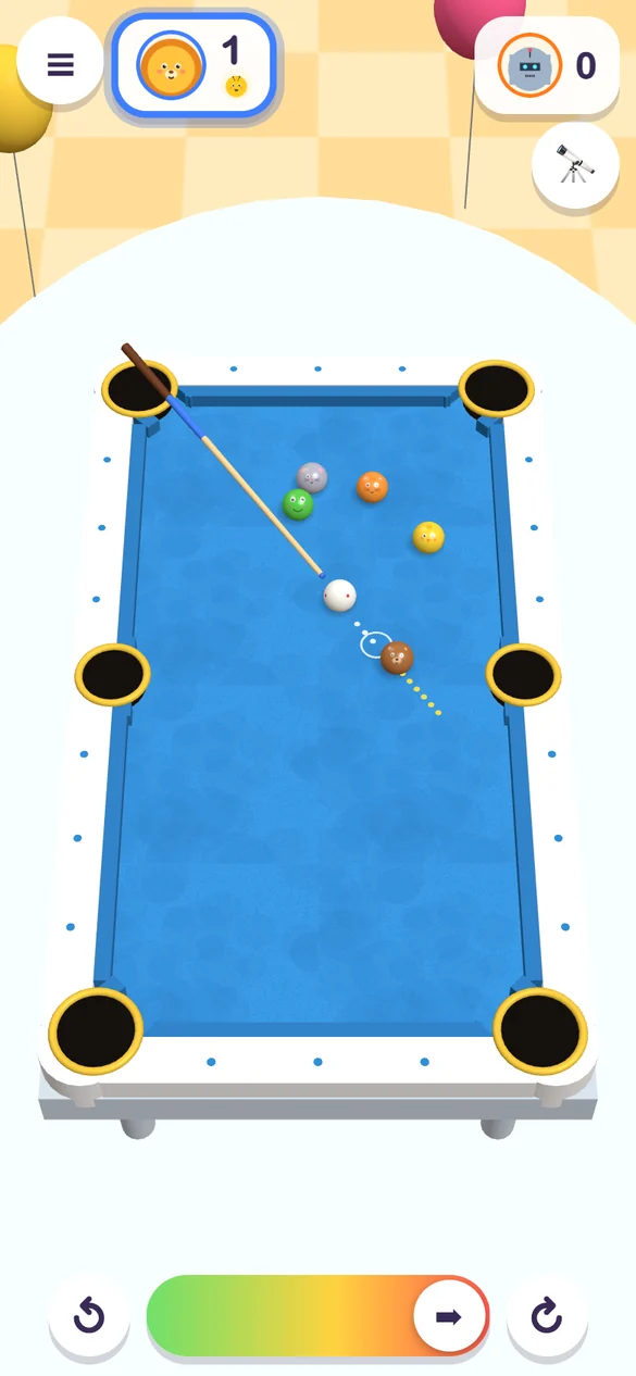 Critter Billiards on a phone held upright, in a match against the robot
