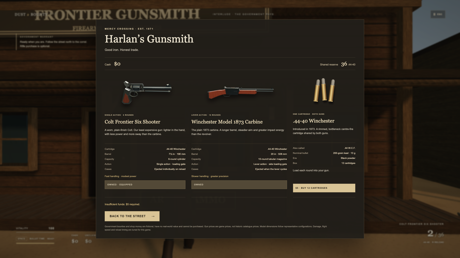 The safe gunsmith: two firearms and one shared cartridge type, bought only with fictional government bounty money.
