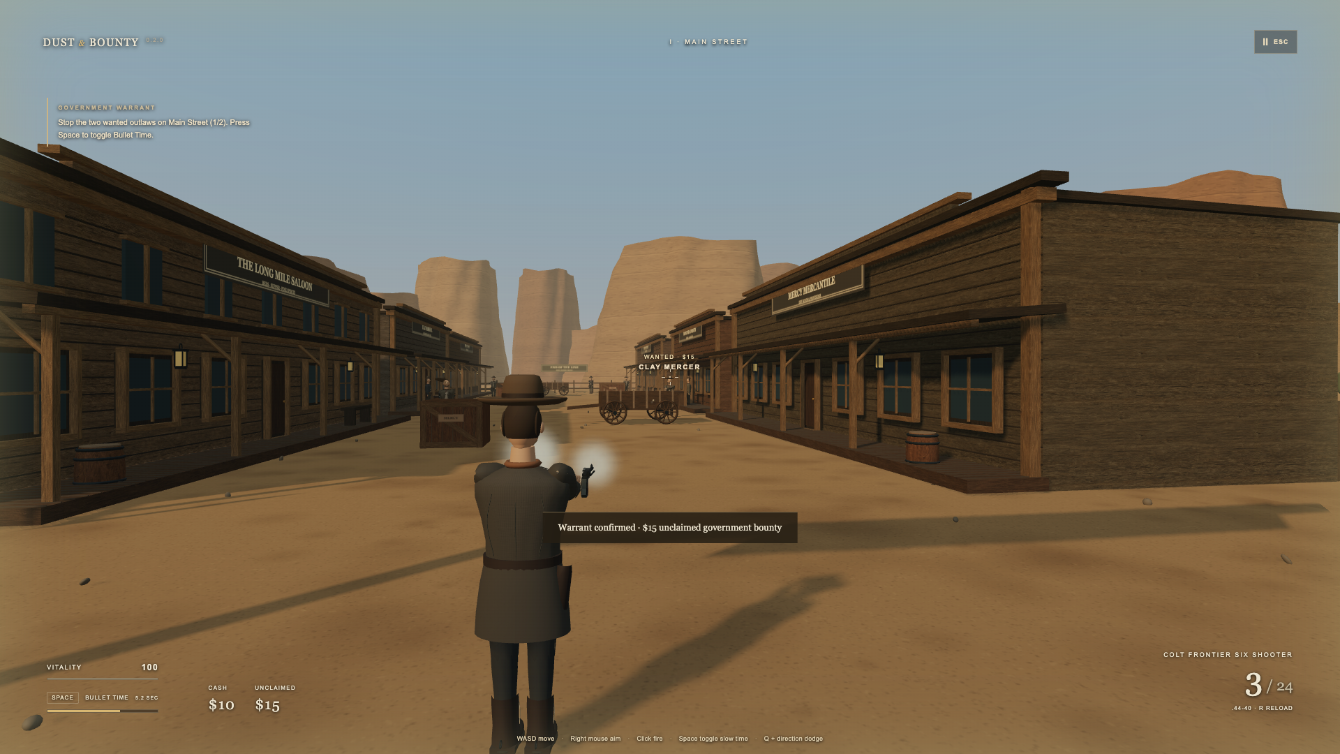 Actual gameplay: the first two wanted outlaws on Main Street, with Bullet Time smoke.