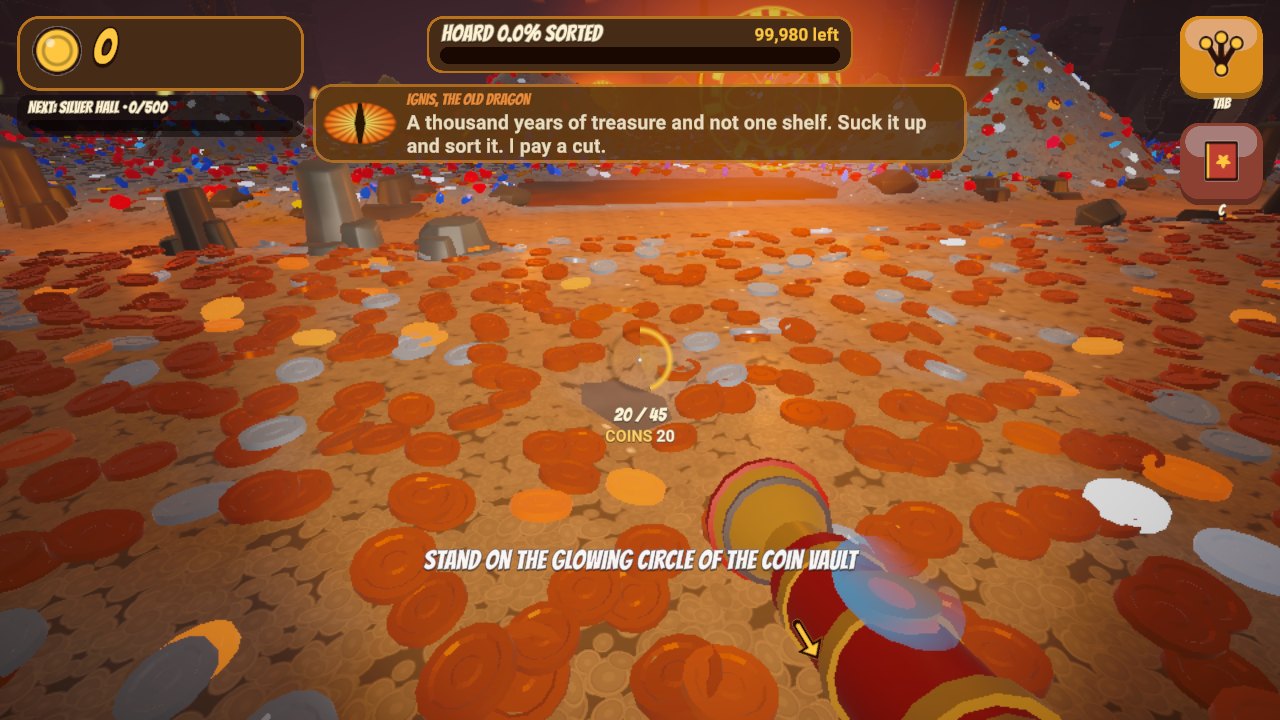 Hoard Sweeper: vacuuming coins while the dragon comments