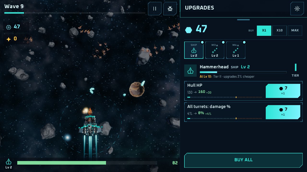 Idle Dreadnought: wave 9, with the upgrade panel beside the fight