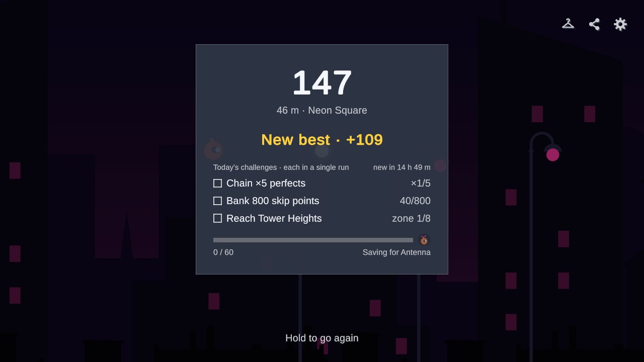 Latchline: the results screen with a new best and the daily challenges